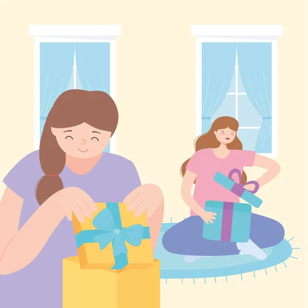 Filles heureuses dans la boîte cadeau d'ouverture de chambre — Image vectorielle