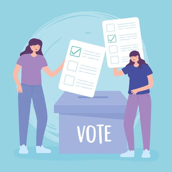 Election day, young women with ballots and cardboard box voting — Stock Vector