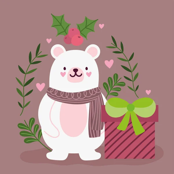 Счастливого Рождества, милый медведь с шарфом и подарочной коробкой и цветочная открытка для поздравления — стоковый вектор