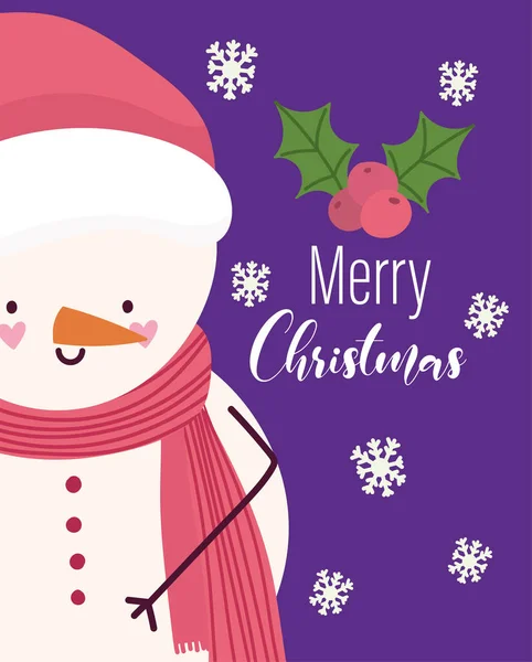 Veselé Vánoce, roztomilý sněhulák vločky cesmínový bobule karty na pozdrav — Stockový vektor
