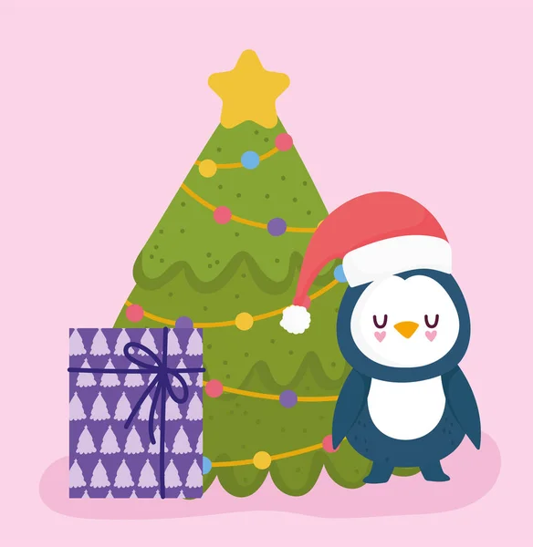 Merry christmas, cute penguin with hat tree and gift celebration card — Stock Vector