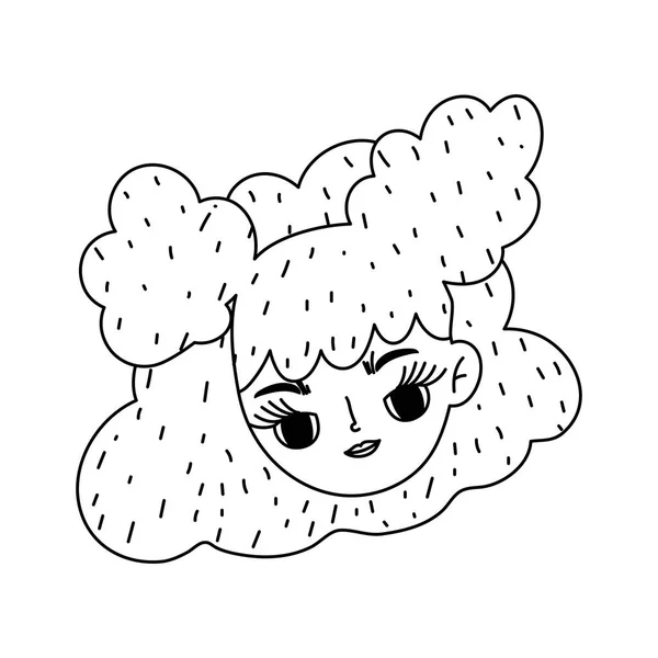 Visage fille avec bouclé coiffure dessin animé isolé ligne icône style — Image vectorielle