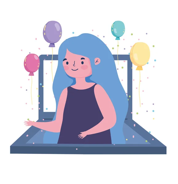 Онлайн-вечірка, екран ноутбука щаслива дівчина з кульками святкування — стоковий вектор