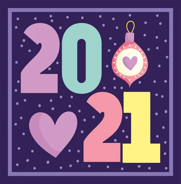 2021 happy new year, date numbers with ball and heart card — Stock Vector