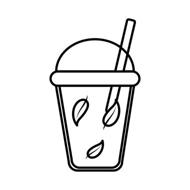 çay, saman ve yaprak çizgisi ikonlu cam bardak