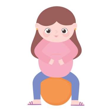 Hamilelik ve hamilelik, güzel hamile kadın Fitball çizgi filminde oturuyor.