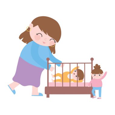 Hamilelik ve hamilelik, tatlı bir anne, yanında beşikte bir bebek ve küçük kız çizgi filmi.