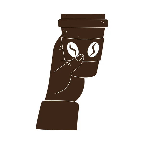 Mão com copo descartável café silhueta ícone estilo —  Vetores de Stock