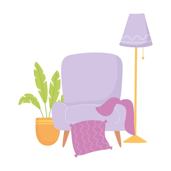 活椅子毛毯灯和植物隔离图标风格 — 图库矢量图片