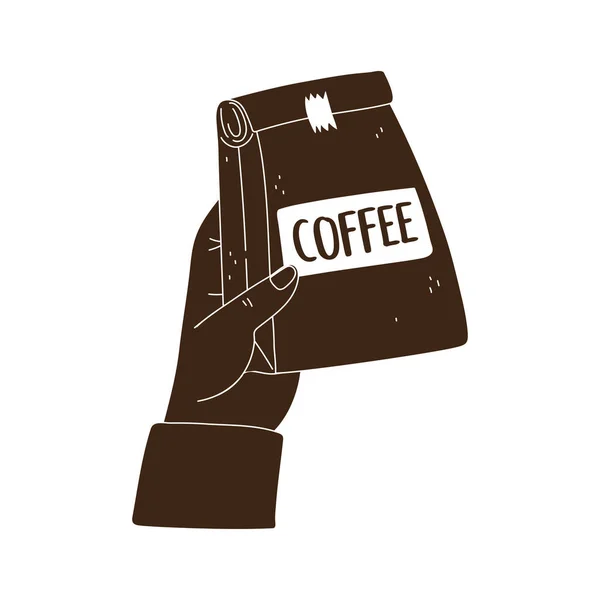 Hand met pakket koffie product silhouet pictogram stijl — Stockvector