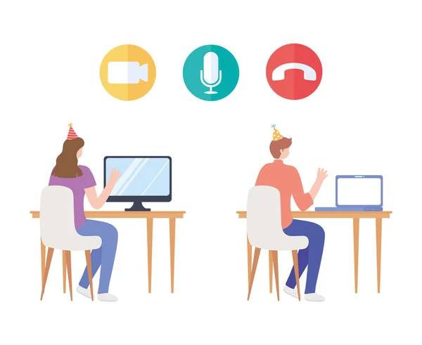 Partito online, donna e uomo seduto con cappello partito e computer — Vettoriale Stock