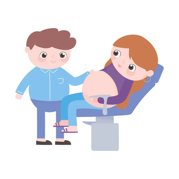 Těhotenství a mateřství, táta a máma v lékařském křesle konzultace — Stockový vektor