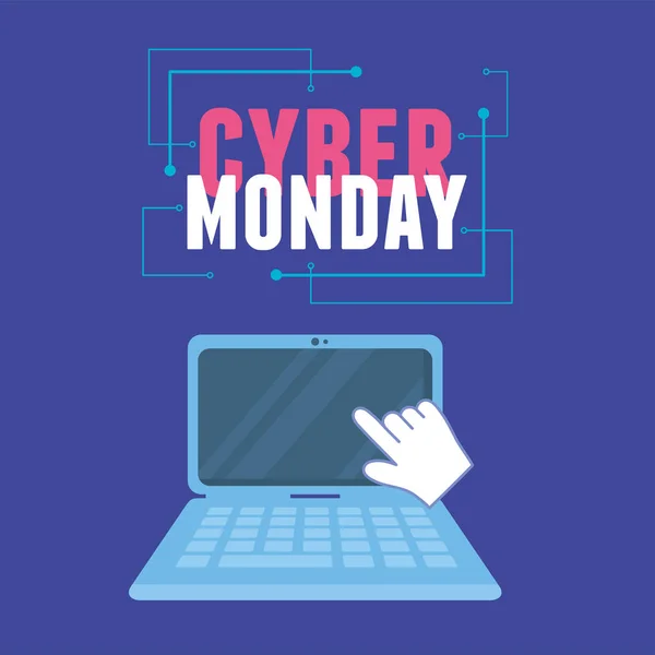 Cyber måndag, klicka på skärmen laptop virtuell — Stock vektor