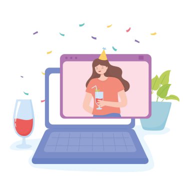 Online parti, videoda kokteyl kutlayan kız
