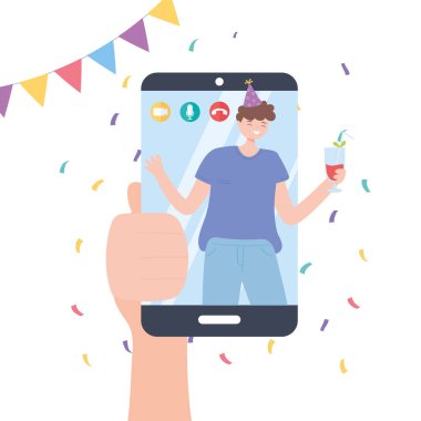 Çevrimiçi parti elemanı ve akıllı telefon görüşmeleri kutlayan çocuk.