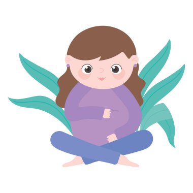 Hamilelik ve hamilelik, tatlı hamile kadın katlanmış bacak çizgi filmi.