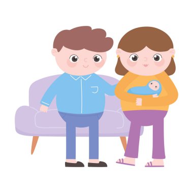 Hamilelik ve annelik, oturma odasında bebeği olan ebeveynler.