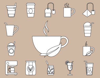 Çay ikonları, çay, limon, şeker ve yaprak çizgisi gibi içerir.