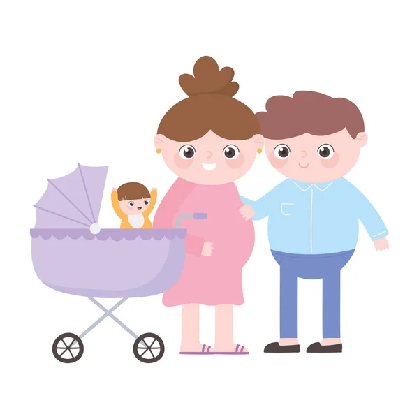 Schwangerschaft und Mutterschaft, Vater und schwangere Mutter mit Baby im Kinderwagen — Stockvektor