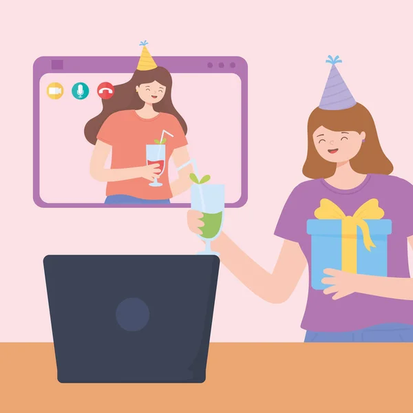 Online party, νεαρές γυναίκες γιορτάζουν τα γενέθλιά τους με δώρο και ποτό με φορητό υπολογιστή — Διανυσματικό Αρχείο