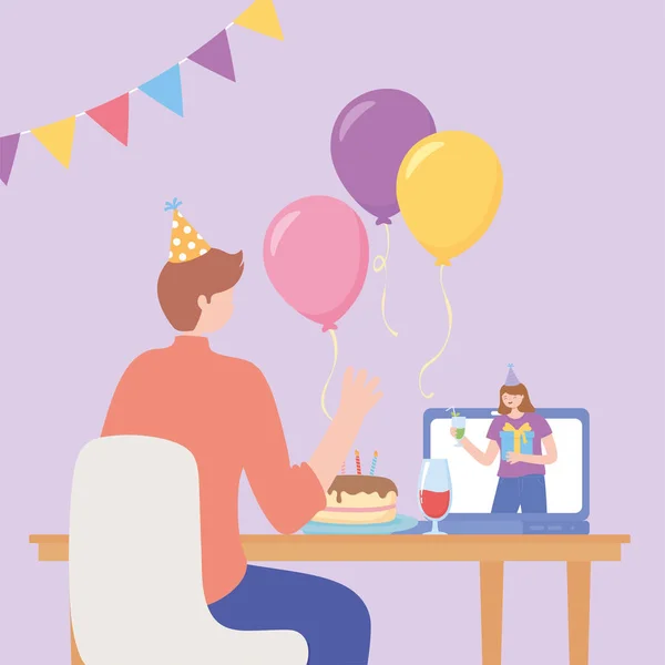 Онлайн-вечірка, чоловік, пов'язаний з Інтернетом з жінкою святкування з тортом — стоковий вектор