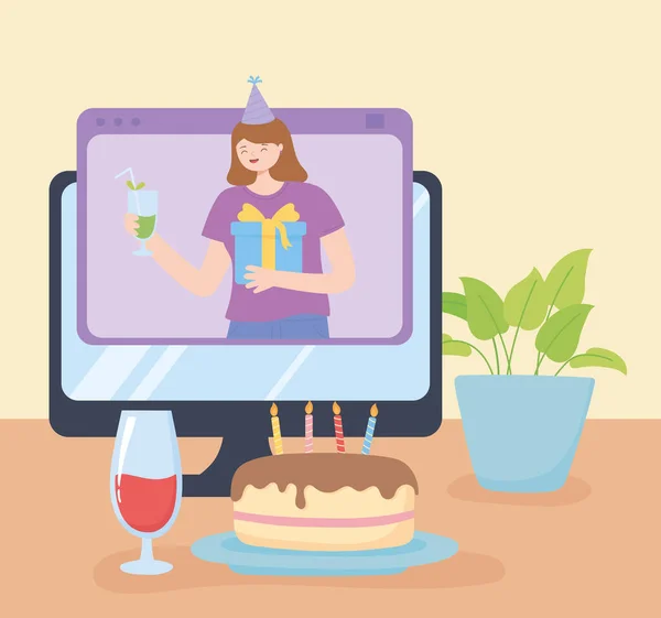 Online πάρτι, γενέθλια γιορτή κέικ υπολογιστή και ποτό — Διανυσματικό Αρχείο