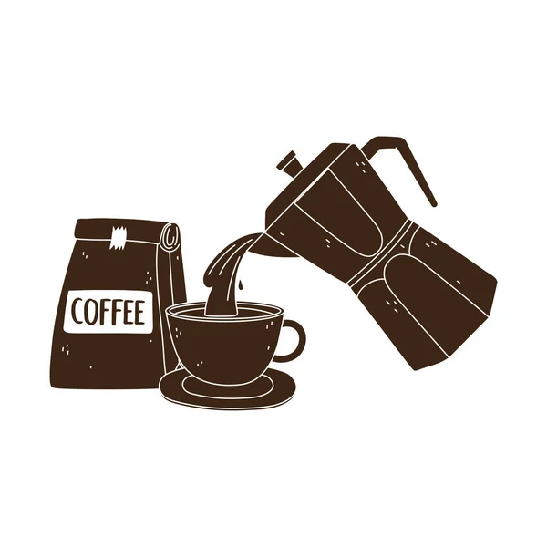 Día internacional de café, hervidor de agua vertiendo en taza y paquete producto aislado diseño silueta icono estilo — Vector de stock