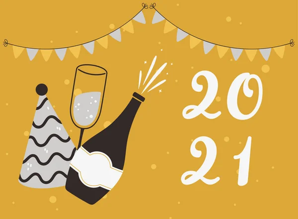 Gelukkig nieuwjaar 2021, champagnefles beker en feestmuts — Stockvector