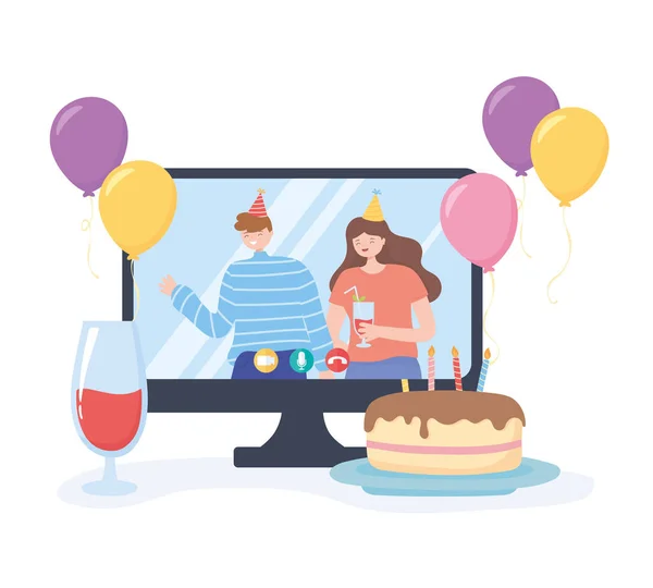 Festa online, coppia con cappello bevanda e torta celebrazione compleanno — Vettoriale Stock