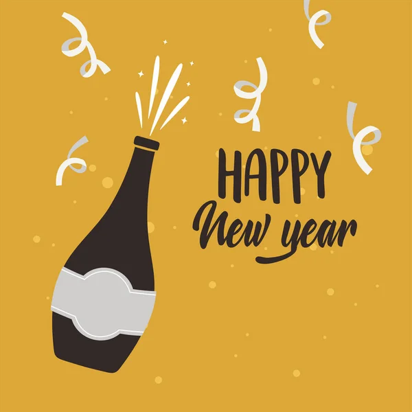 Mutlu yıllar, şampanya şişesi konfeti kartı kutlaması. — Stok Vektör