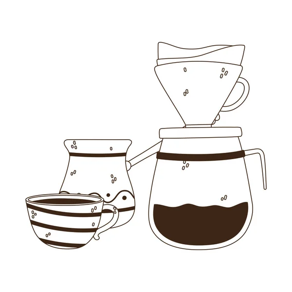 Kávéfőzési módszerek, csepegtető sör török és csésze vonal stílus — Stock Vector