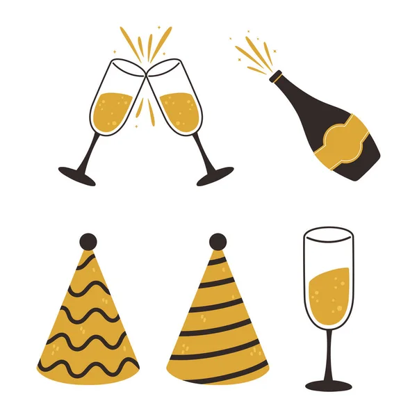 Feliz ano novo, festa chapéus garrafa de champanhe e copos ícones — Vetor de Stock