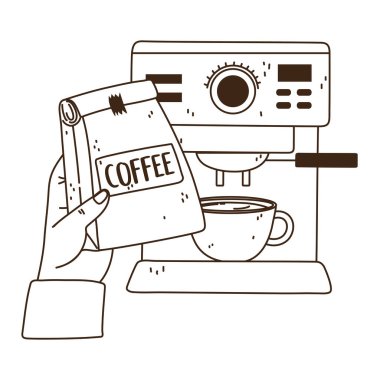 Uluslararası kahve günü, paket fincan ve makine hattı tarzıyla el.