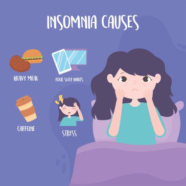 insomnia, girl with eye bags and causes disorder stress heavy meal caffeine and poor sleep habits clipart