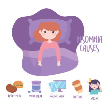 insomnia causes disorder medicine caffeine stress heavy meal and poor sleep habits clipart