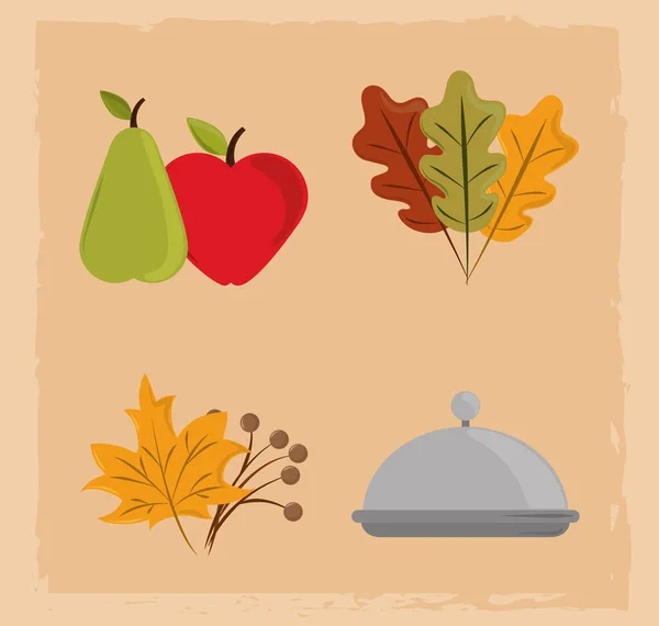 Happy thanksgiving day, plate dinner fruits and autumn foliage icons — Stock Vector