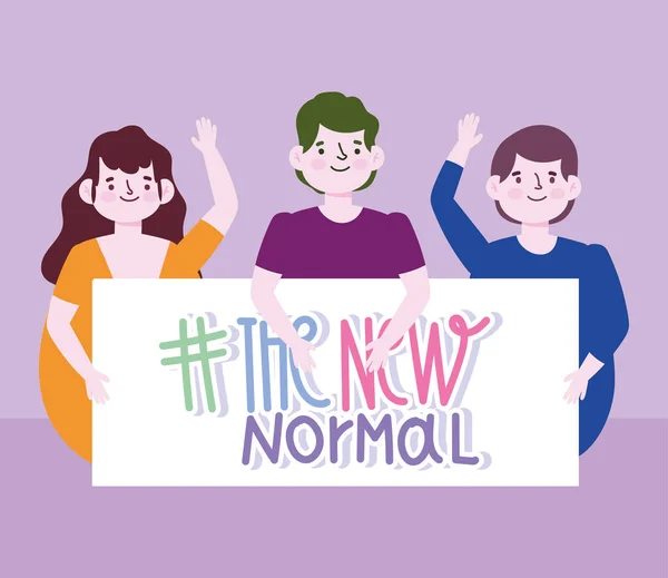 Nouveau mode de vie normal, personnes heureuses avec pancarte nouvelle normale — Image vectorielle