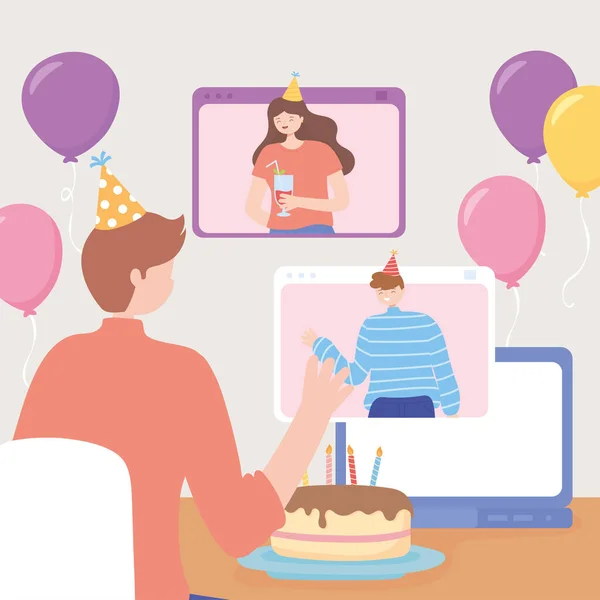Online parti, pastalı ve balonlu adam arkadaşlarıyla bilgisayar başında kutlama yapıyor. — Stok Vektör