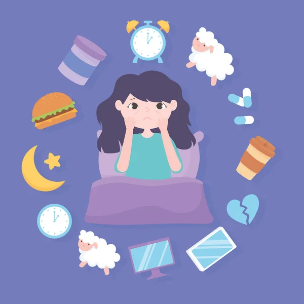 Insônia, menina e razões da doença refeição pesada medicina estresse cafeína e maus hábitos de sono —  Vetores de Stock