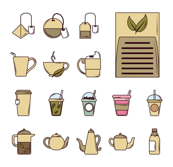 Té, conjunto de iconos tetera de lima tazas de azúcar hoja, línea y estilo de relleno — Vector de stock