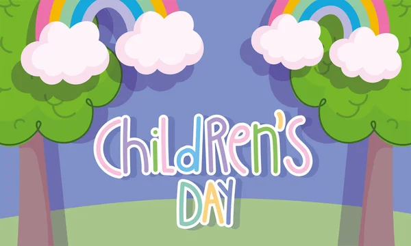 Día de los niños, dibujado a mano árboles de texto nubes y dibujos animados arco iris — Vector de stock