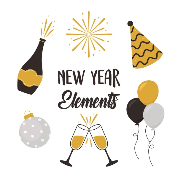 Boldog új évet, pezsgős üveg csésze labda léggömb kalap elemek ikonok — Stock Vector