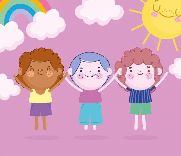 Día de los niños, dibujos animados niños arco iris y sol — Archivo Imágenes Vectoriales