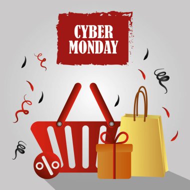 Siber pazartesi, alışveriş çantası hediye kutusu indirimi tabelası.