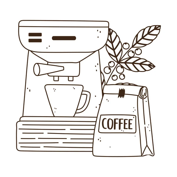 Día internacional del café, taza del paquete de la máquina y rama con el estilo de la línea de semillas — Vector de stock