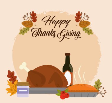 Şükran günün kutlu olsun, şarap şişesi hindi pastası yaprağı süslemesi.