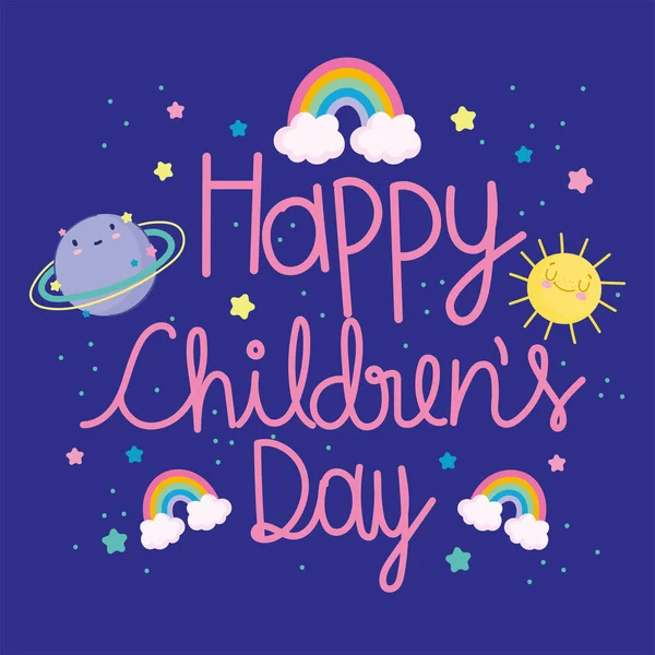 Día de los niños, dibujos animados dibujado a mano letras arco iris planeta sol estrellas celebración tarjeta — Vector de stock