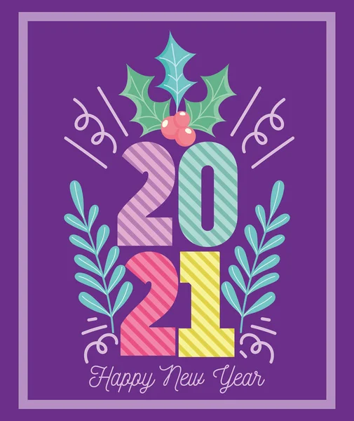 2021 feliz ano novo, colorido numbres holly berry branches decoração —  Vetores de Stock