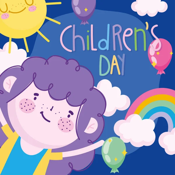 Día de los niños, tarjeta de felicitación niña arco iris globos nubes de sol dibujos animados — Vector de stock