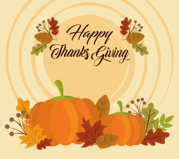 Szczęśliwy dzień dziękczynienia, kartka z pozdrowieniami z dyniami i dekoracji liści sezonowych — Wektor stockowy